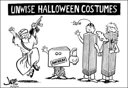  A 2001 cartoon bởi J.P. Trostle parodied a plan to tighten security for a Chapel Hill, N.C., Halloween đường phố, đường phố, street party in response to the events of Sept. 11.