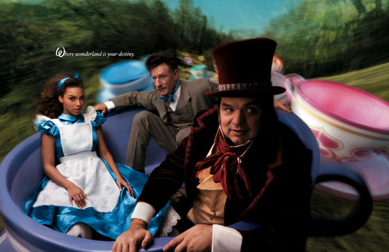 Spinning in a teacup are Beyonce Knowles as Alice, Oliver Platt as the Mad Hatter and Lyle Lovett as the March Hare